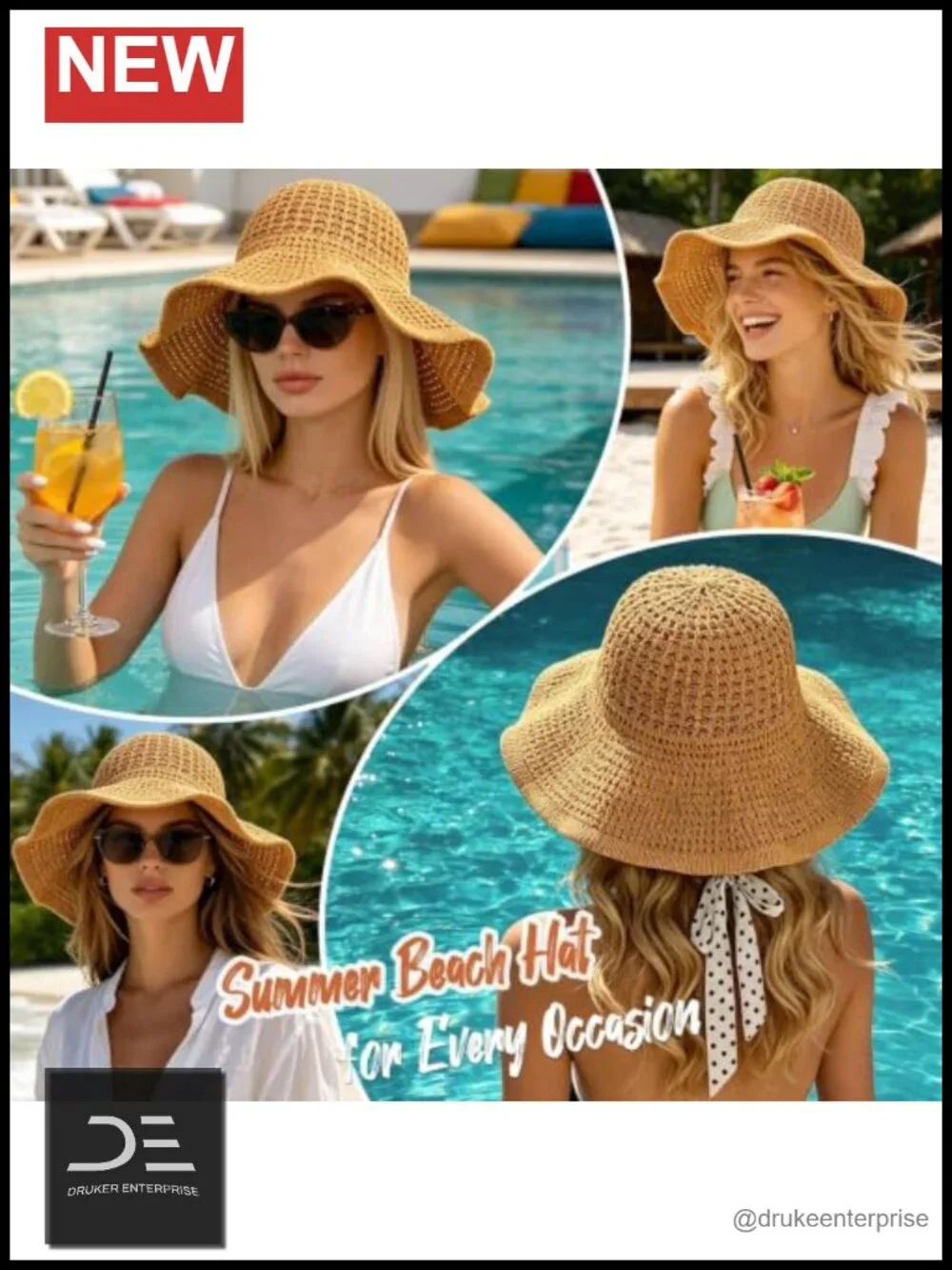 Handwoven Straw Sun Hat with UV Protection, Packable Floppy Wide Brim